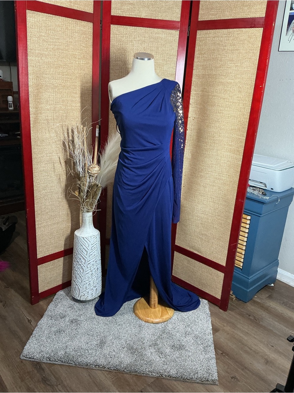 LuLaRoe Royal Blue One-Shoulder Gown with Lace Sleeve